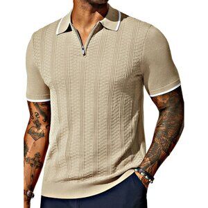 Men's Light Beige Quarter Zipper Knit Polo Shirts Casual Lightweight Texture